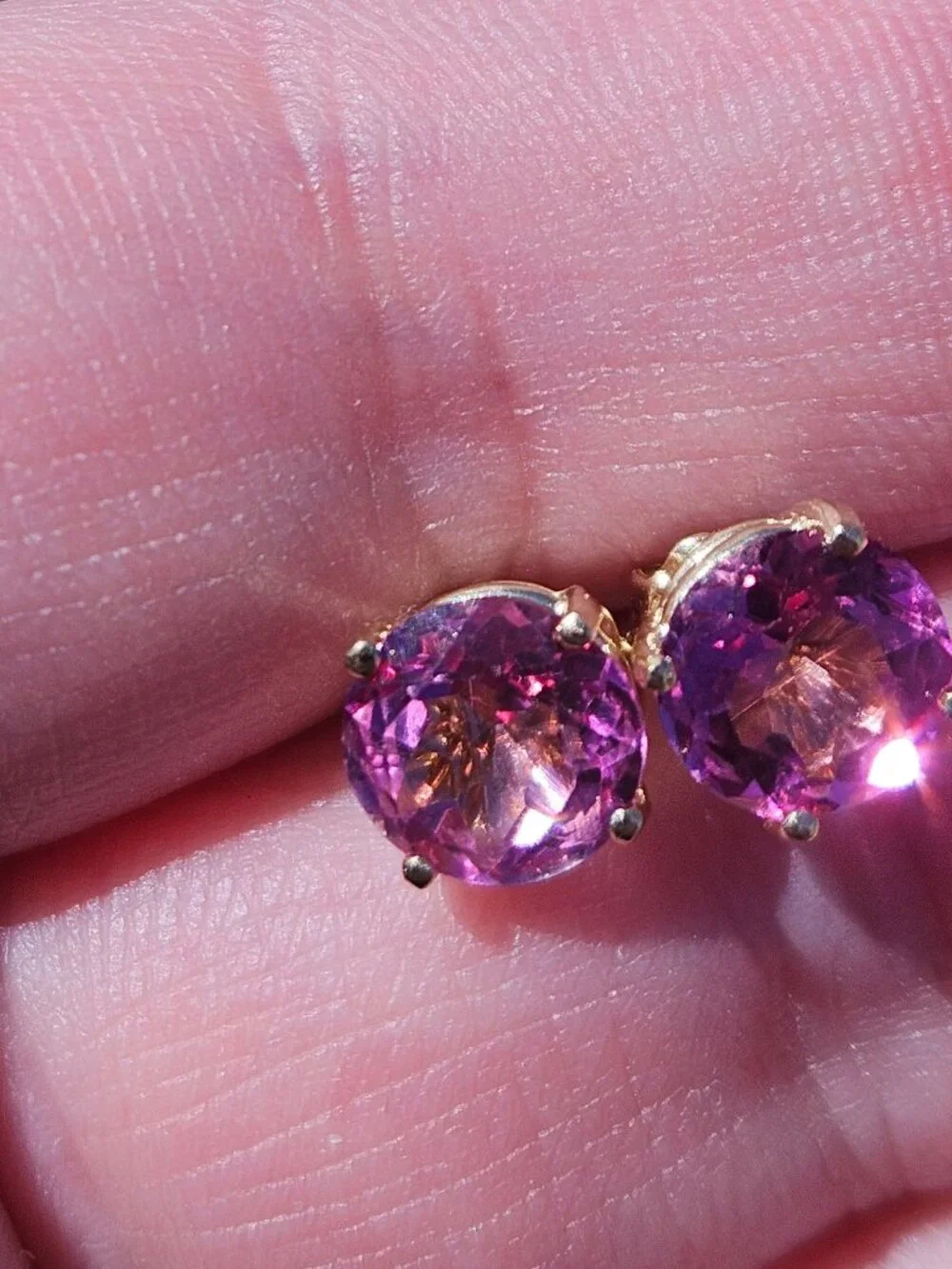 14K Yellow Gold Pink Topaz 4 Prong Stud Earrings 7mm - Picture 4 of 16